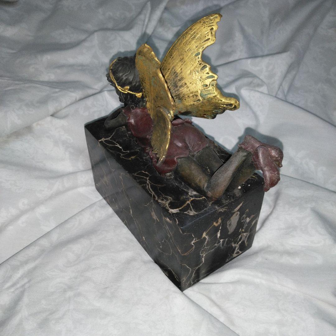 中古　ほおづえ　妖精　天使　少女像 金色の羽　大理石風の台