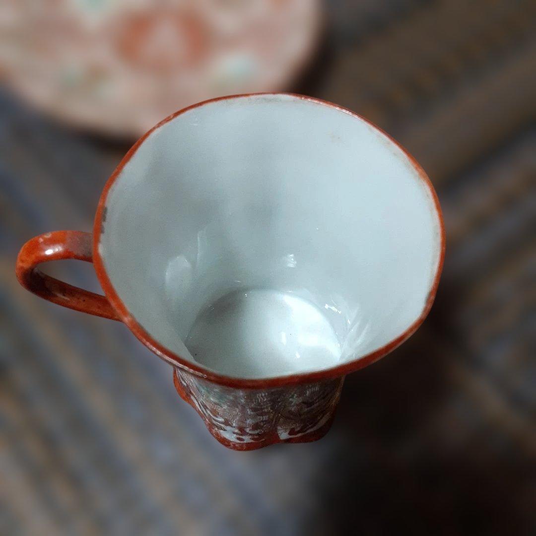 古い幕末明治超絶技巧カップ&ソーサーセット/金錦窓寿龍唐草青海波/卵殻手高級骨董