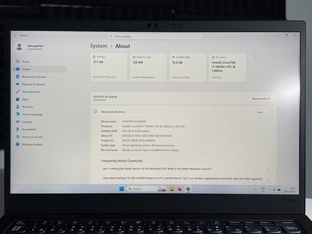 M*a様 ThinkPad X1 Carbon gen8 i7 16GB 512