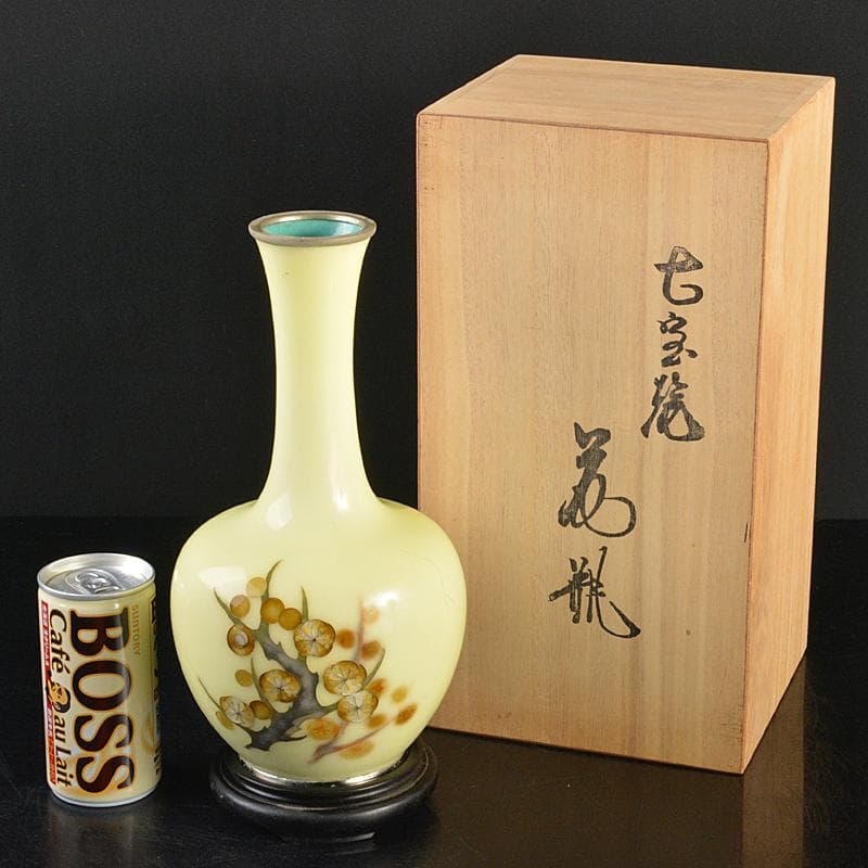 七宝焼　田村七宝工芸　梅文　花瓶　唐木台付　時代箱付　V　R7445