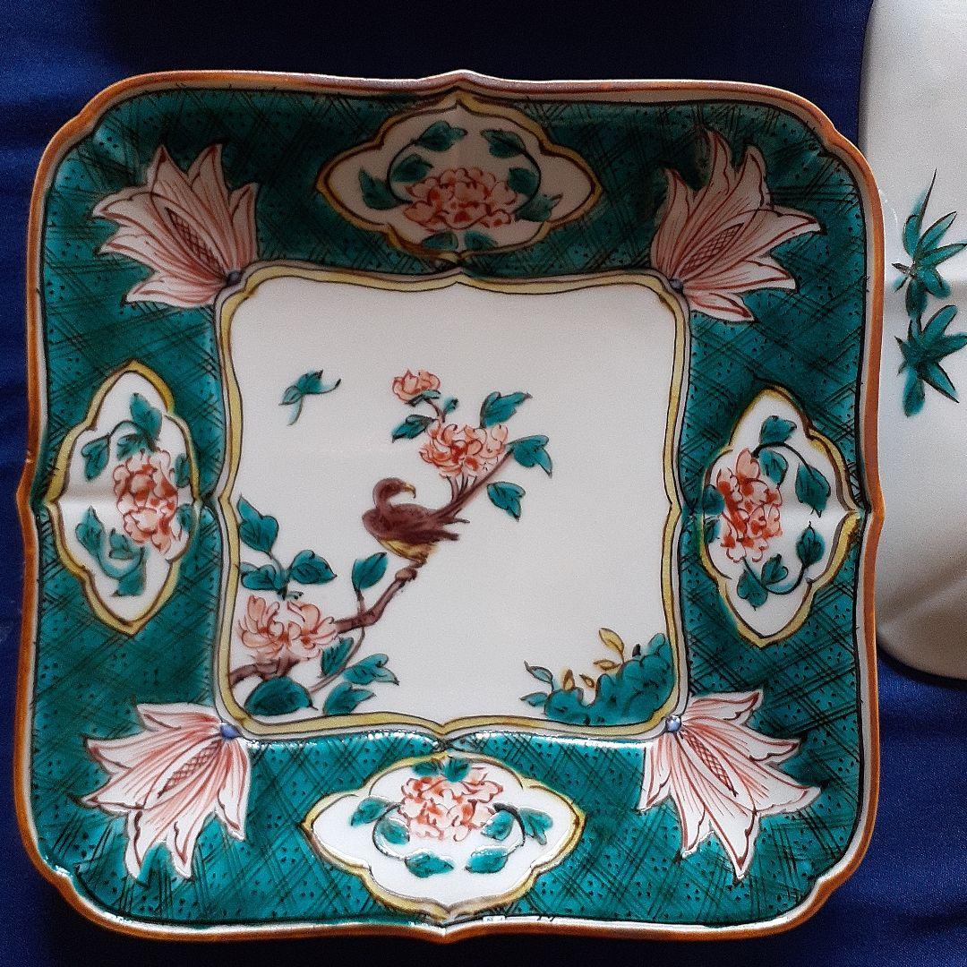 古九谷色絵牡丹蝶々鳥図角皿5客