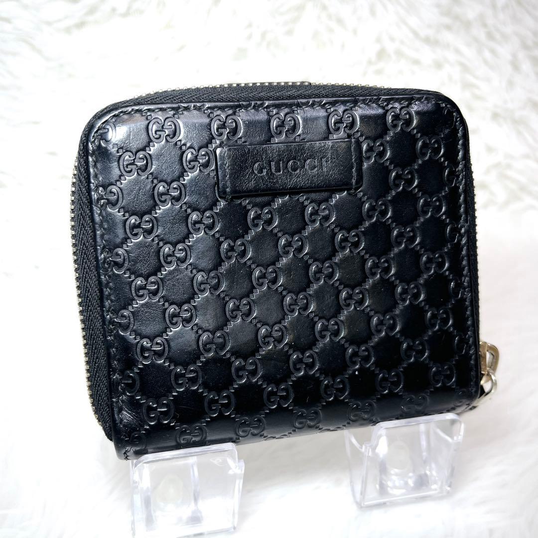 極美品 GUCCI マイクロGG シマ 2つ折り財布 レザー ラウンドジップ 黒