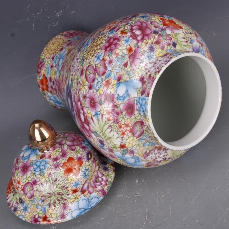 清 雍正 蒔金粉彩 万花紋将軍缶 景徳鎮 陶磁器 装飾品 現代工芸品美術品 置物