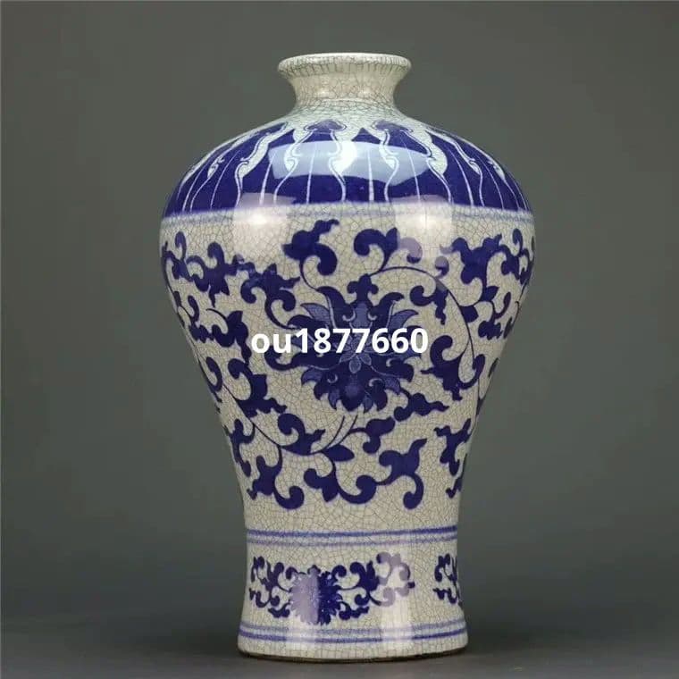 青花纏子蓮紋梅瓶 景徳鎮 陶磁器 装飾品 現代工芸品 美術品 置物