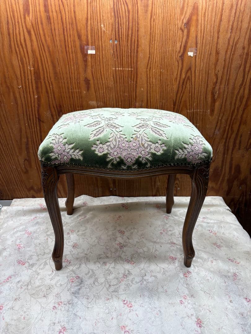 スツール 金華山 グリーン 猫脚 木製 完成品 オットマン　イタリア