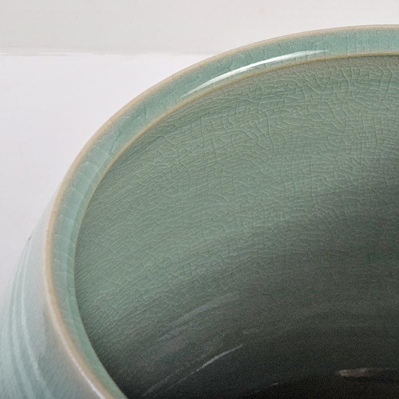 韓国人間文化財　柳海剛（柳根瀅）作　高麗青磁　象嵌　水指　共箱　M　R8896B