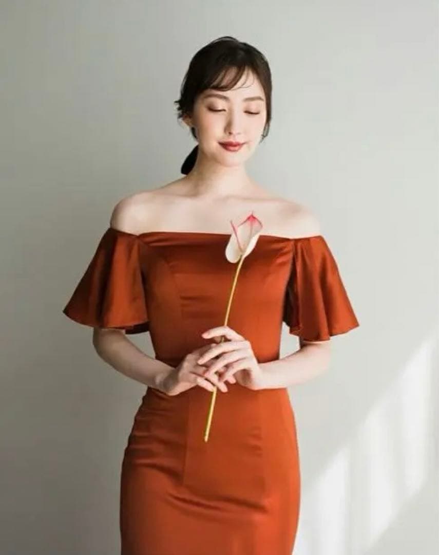 オフショルダー パーティードレス ウェディングドレス 二次会ドレス テラコッタ