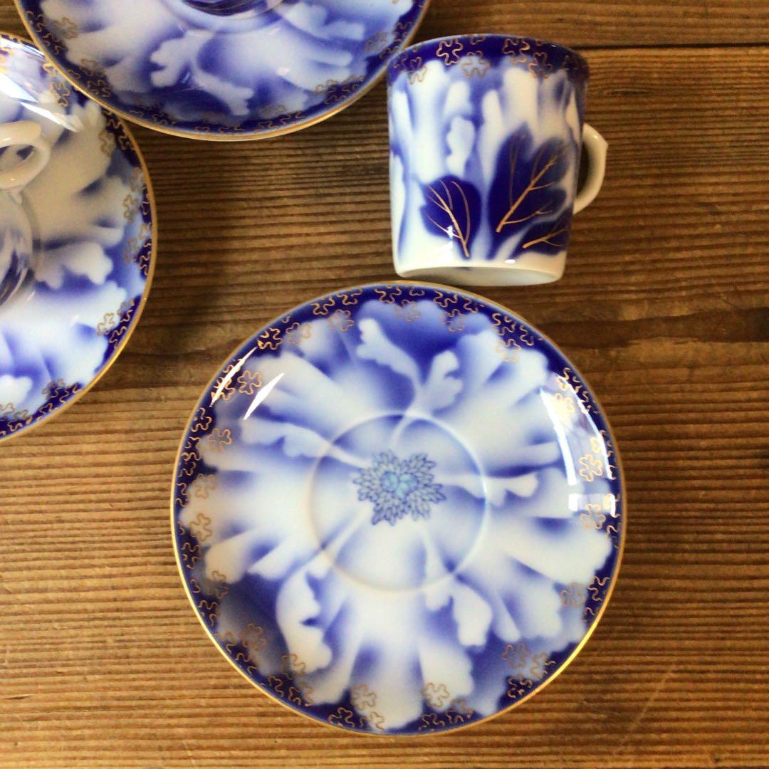 No4397 深川製　珈琲碗皿揃　牡丹金ミル　6客　共箱　有田焼　送料無料