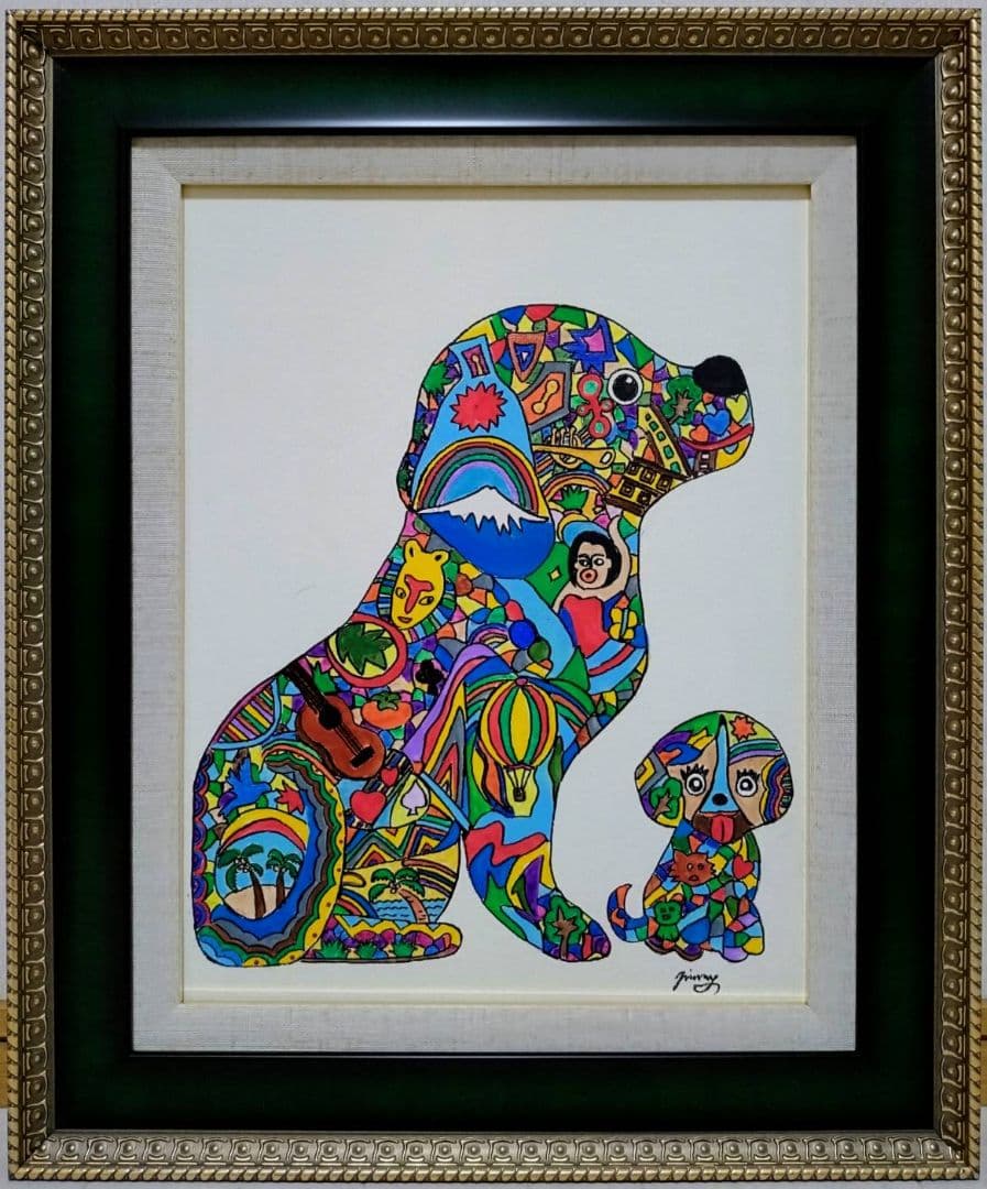 【F6号】ジミー大西【Dog】手描き/表裏サイン有り/油彩/アクリル/絵画/額縁