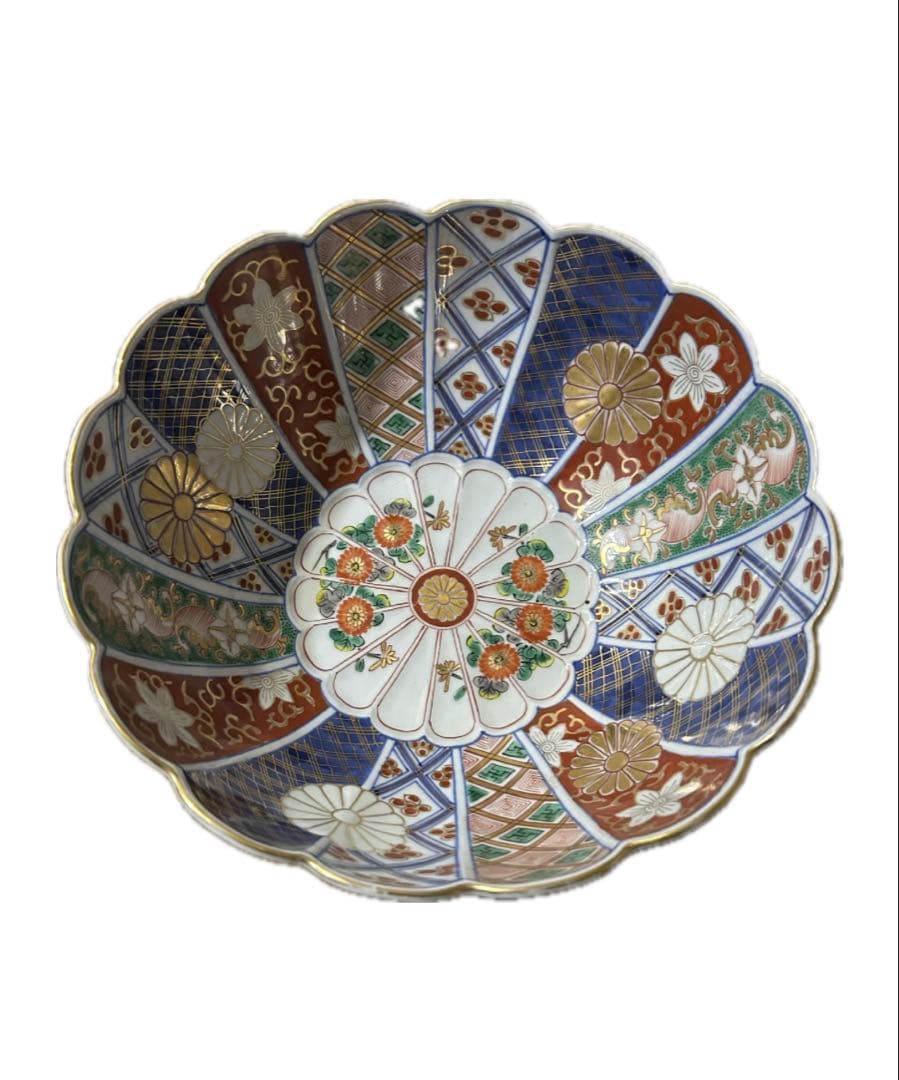 大鉢　骨董　アンティーク　色絵　金縁　菊型　大聖寺伊万里　菊花　金欄手　お正月