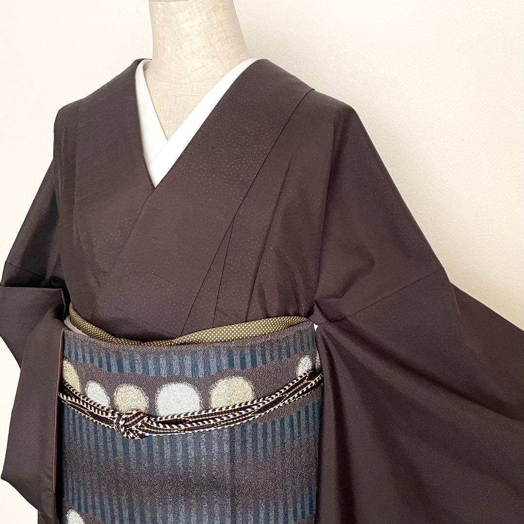 深茶ドット牛首紬 正絹小紋着物