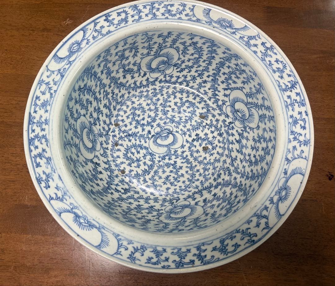 中国　清時代　染付纏枝蓮紋面盆　W36.7cm アンティーク　送料込み1111