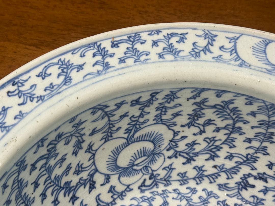 中国　清時代　染付纏枝蓮紋面盆　W36.7cm アンティーク　送料込み1111