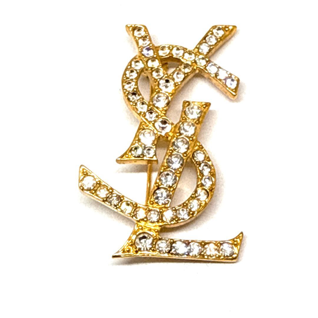 極美品✨ イヴサンローラン ブローチ YSLロゴ ラインストーン ゴールド