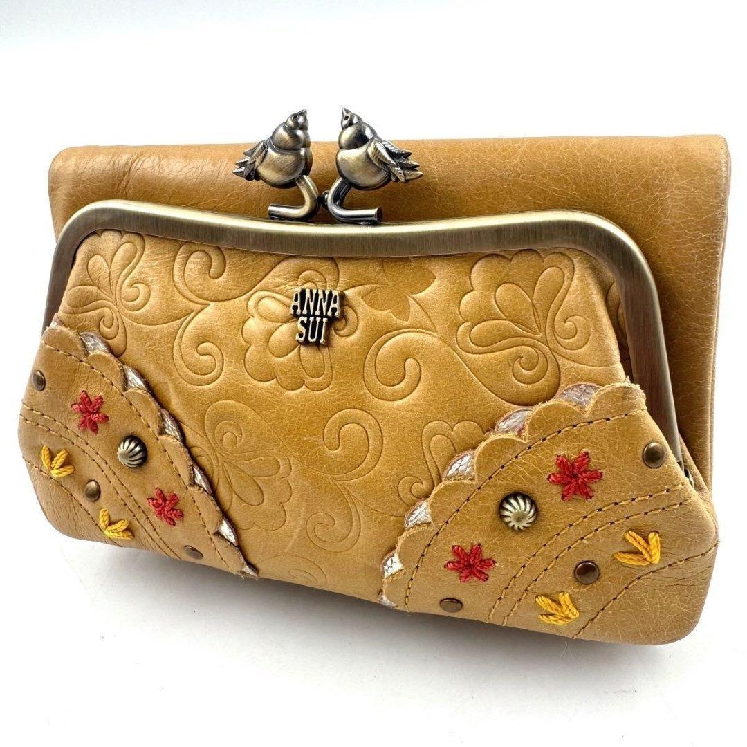 ANNA SUI　リトルバード　がま口　二つ折り財布　ゴールド金具　黄　レザー