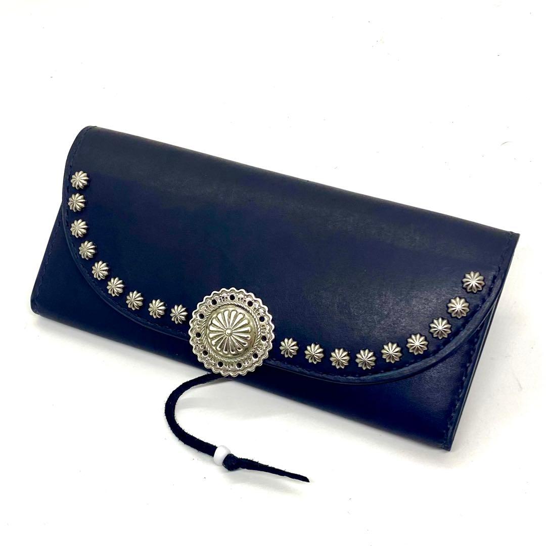 ‼️SALE‼️本革 長財布フラワーコンチョアポロ BKブラック黒　革紐タイプ