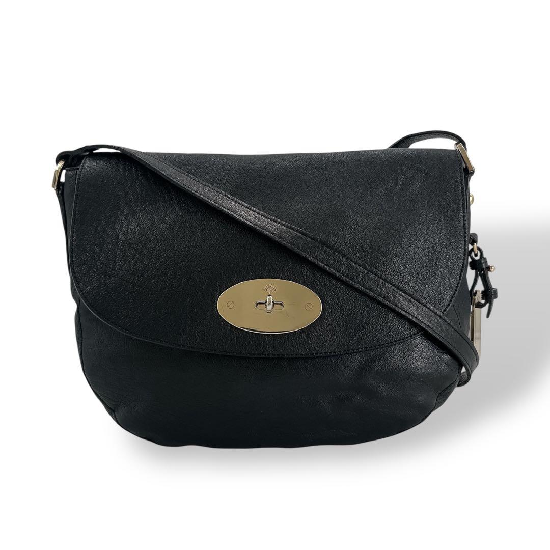 マルベリー　ショルダーバッグ　ターンロック　カーフスキン　金具　ブラック　レザー