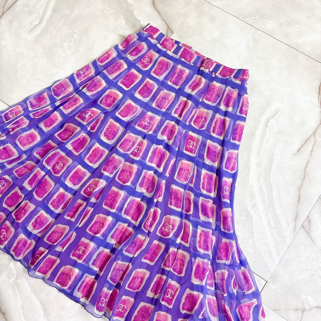 CHANEL シャネル　ココマーク　総柄　スカート　パープル　38
