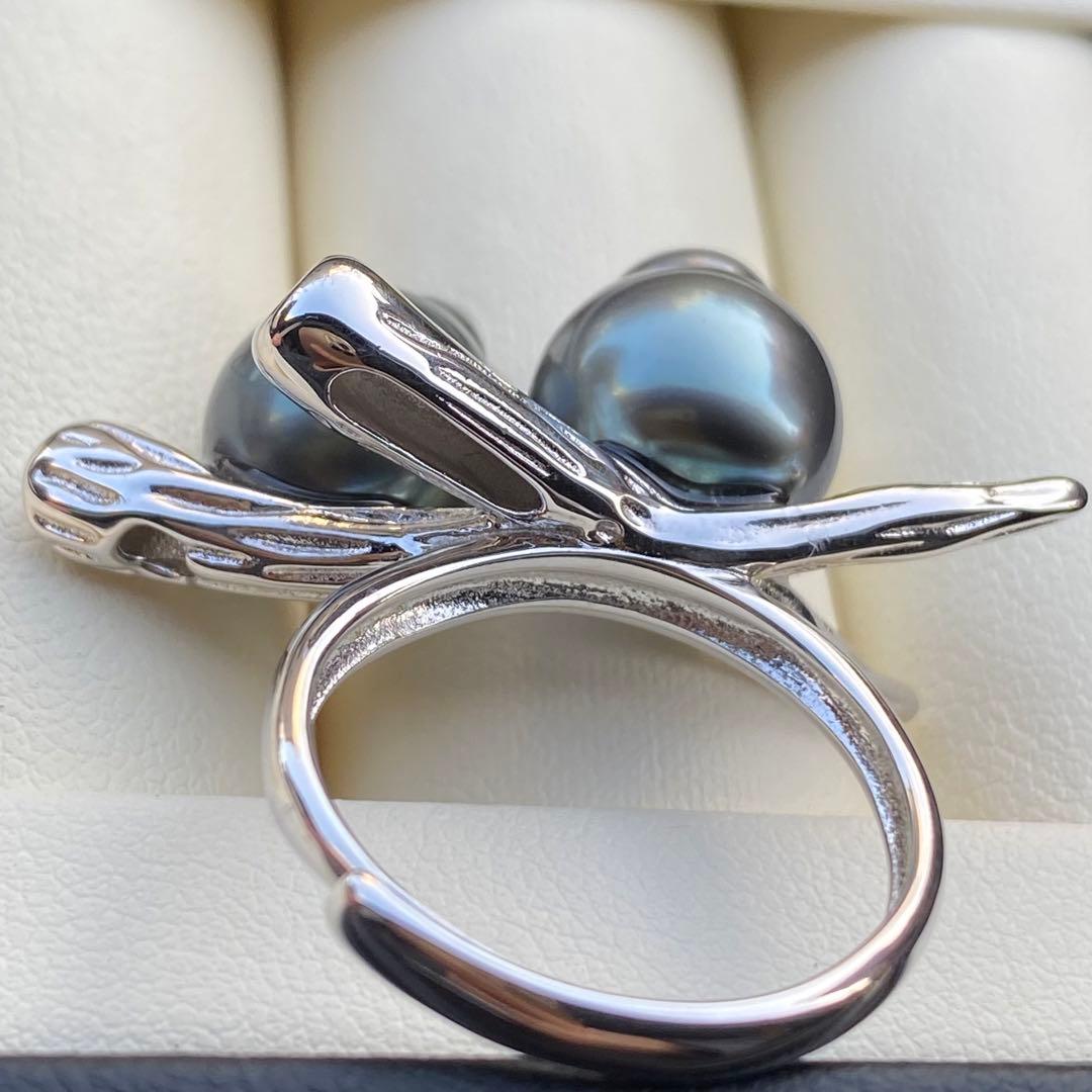 本真珠　南洋黒蝶真珠ダブルリング「鳥と枝」13mmダークグリーンL1259