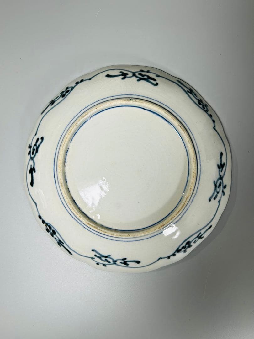 古伊万里　色絵　金襴手　松竹梅　鶴　輪花　七寸皿　5枚　21.5㎝　窓絵　帆舟