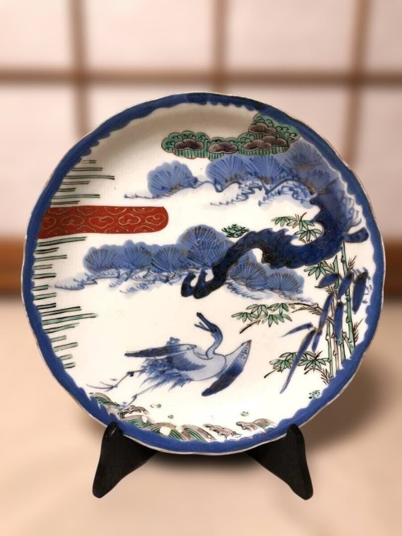 【九谷焼】29.6cm 　目跡 『松竹・立浪に鶴文様 金彩色絵大皿』