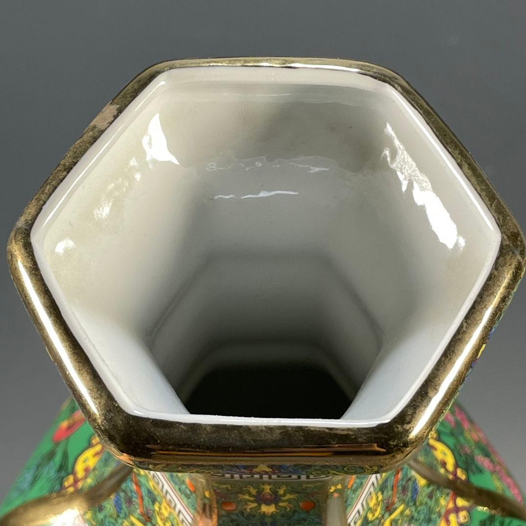 琺瑯彩花鳥紋六稜賞瓶 景徳鎮 陶磁器 装飾品 現代工芸品 美術品 置物