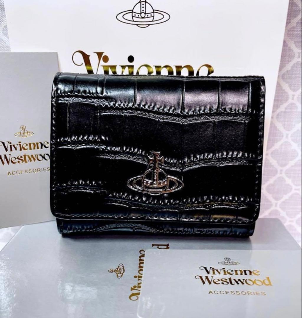 【新作☆内側に素敵な柄】新品 ヴィヴィアン・ウエストウッド 三折財布 黒