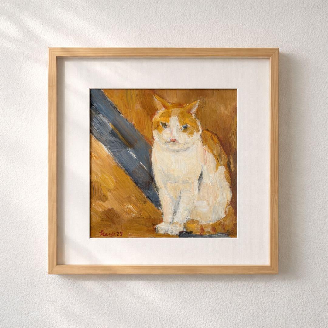 《静かに座る猫》原画｜油彩・キャンバス｜20×20cm｜2025｜一点物