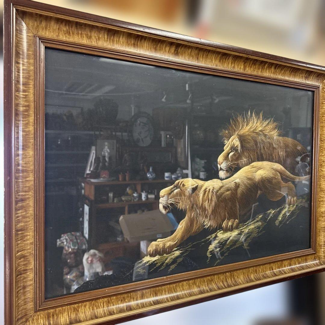 刺繍アート 昭和レトロ　縁起物 ライオン ，中国，