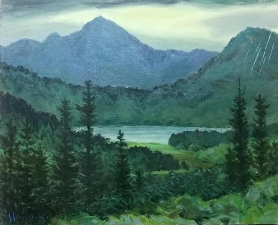 F15「雨の山湖」2002 平成14年 油絵 絵画