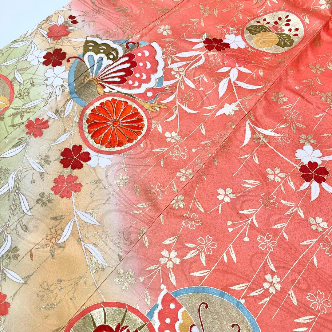 子供着物 蝶々に花柄 銀駒刺繍 サーモンピンク 七五三 7歳 CK-7302