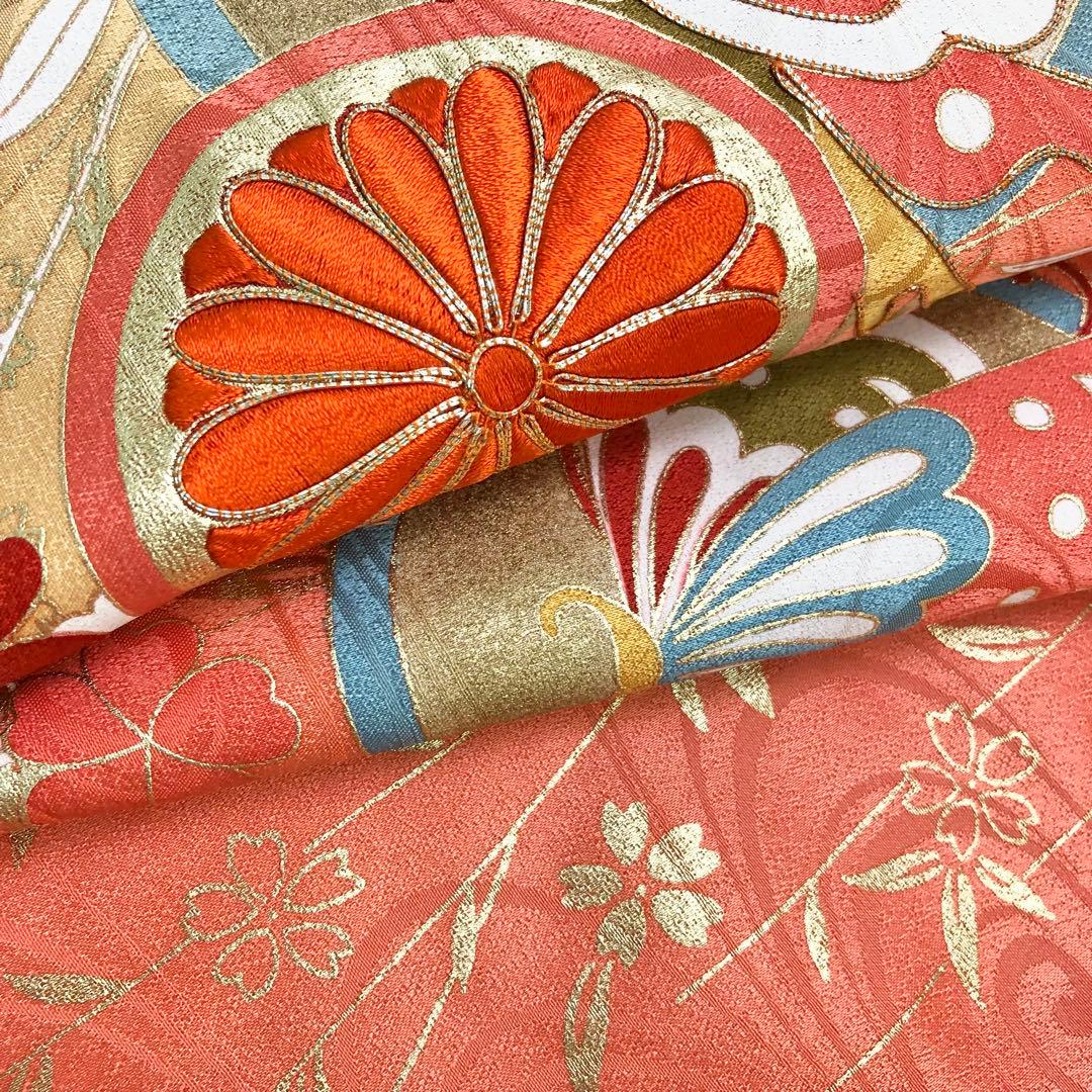 子供着物 蝶々に花柄 銀駒刺繍 サーモンピンク 七五三 7歳 CK-7302