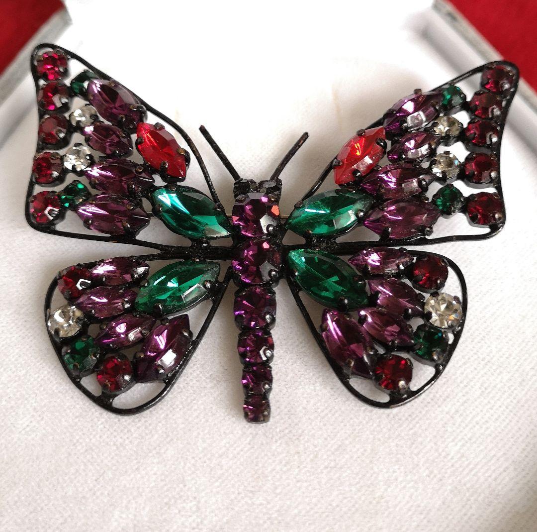 ビンテージ ブローチ チェコ硝子 バタフライ 5色クリスタル装飾 238