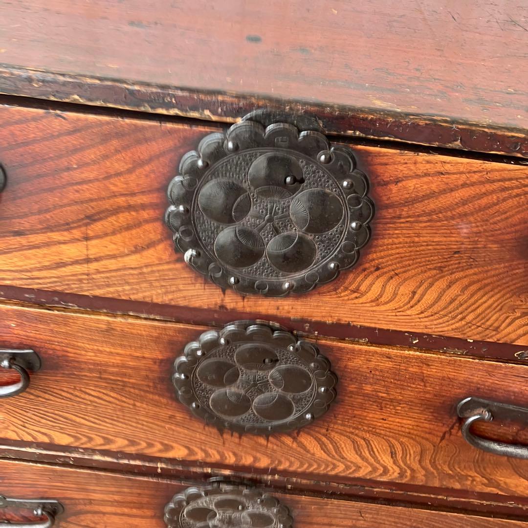 昭和レトロ 古家具 仙台箪笥 4段 引き出し箪笥 古家具 ビンテージ 団扇柄