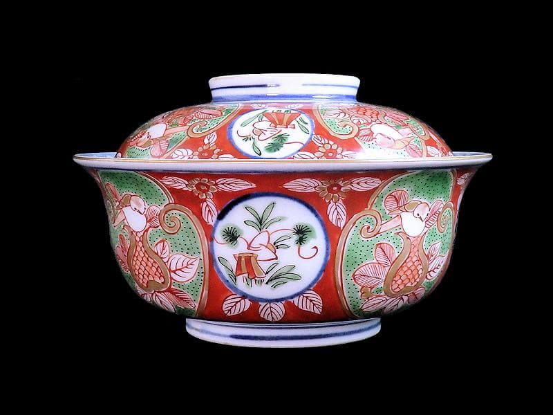 大聖寺伊万里　金襴手　丸紋　鳥に柘榴の図　蓋付鉢　B291AS-CPk