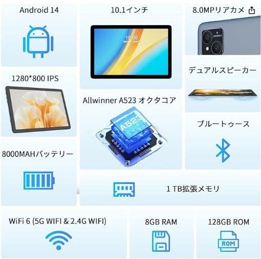 Android14タブレット 10.1インチ 8GB RAM 128GB ROM