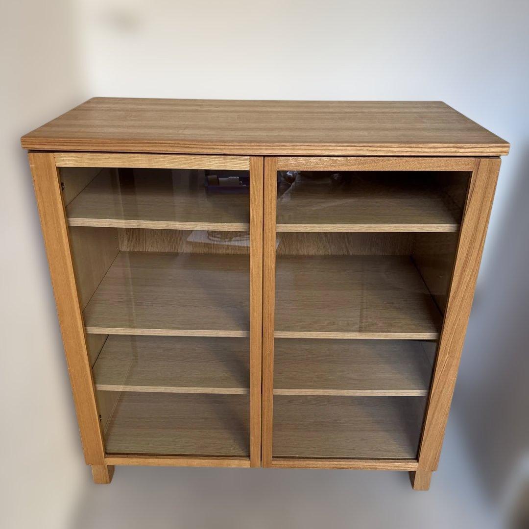 無印良品 キャビネット ガラス扉　観音開き　天然木　タモ材　脚付き　食器棚
