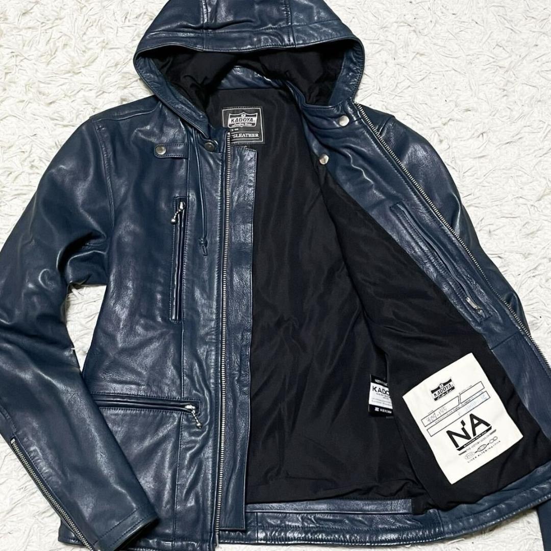 極美品●KADOYA カドヤ レザージャケット フード 山羊革 ネイビー レザー