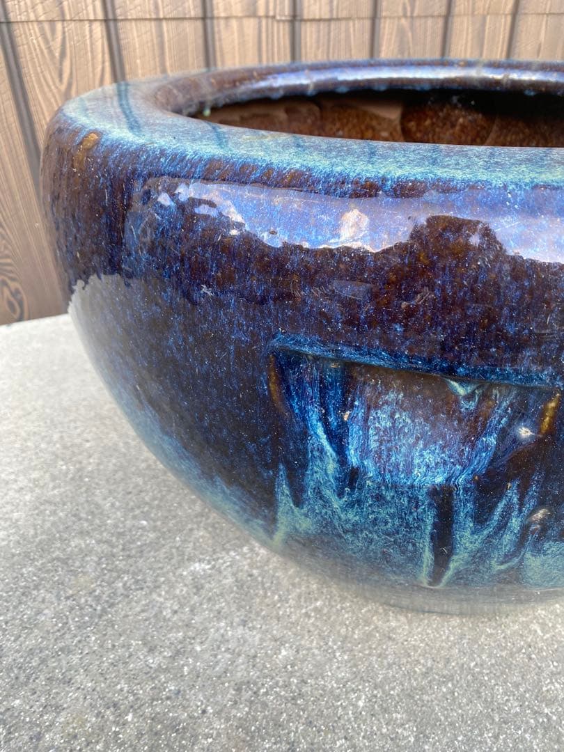 火鉢　陶器　海鼠釉　アンティーク　骨董　金魚鉢　特大　睡蓮鉢　メダカ　鉢カバー