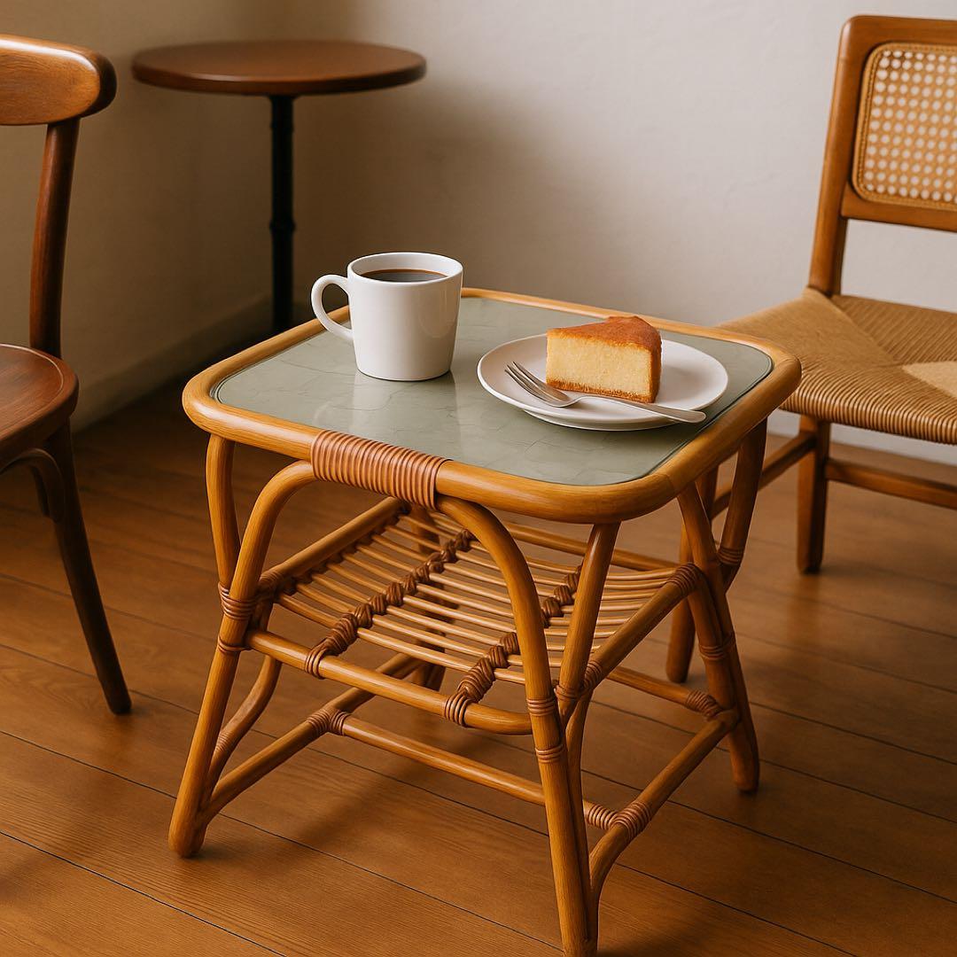 ★最終値下げ★【アンティーク家具】ラタン ガラス天板 サイドテーブル 籐家具