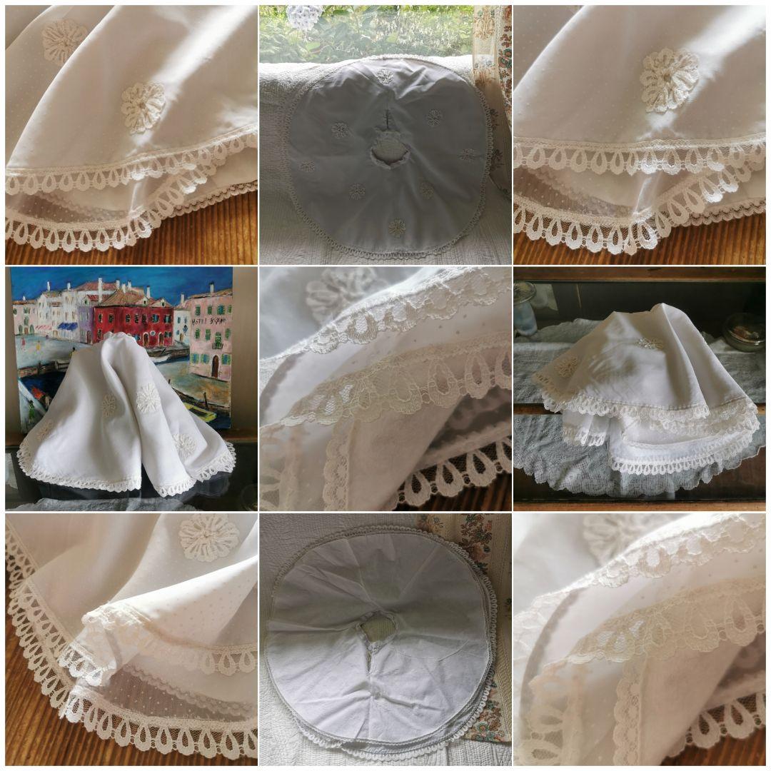 アンティークフランス 子供べべ用 フラワーアップリケ刺繍３層レース ドットケープ