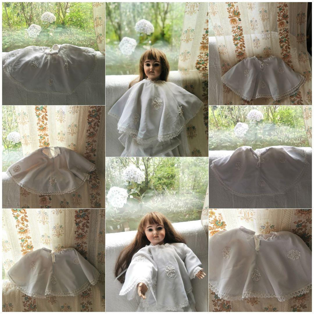 アンティークフランス 子供べべ用 フラワーアップリケ刺繍３層レース ドットケープ