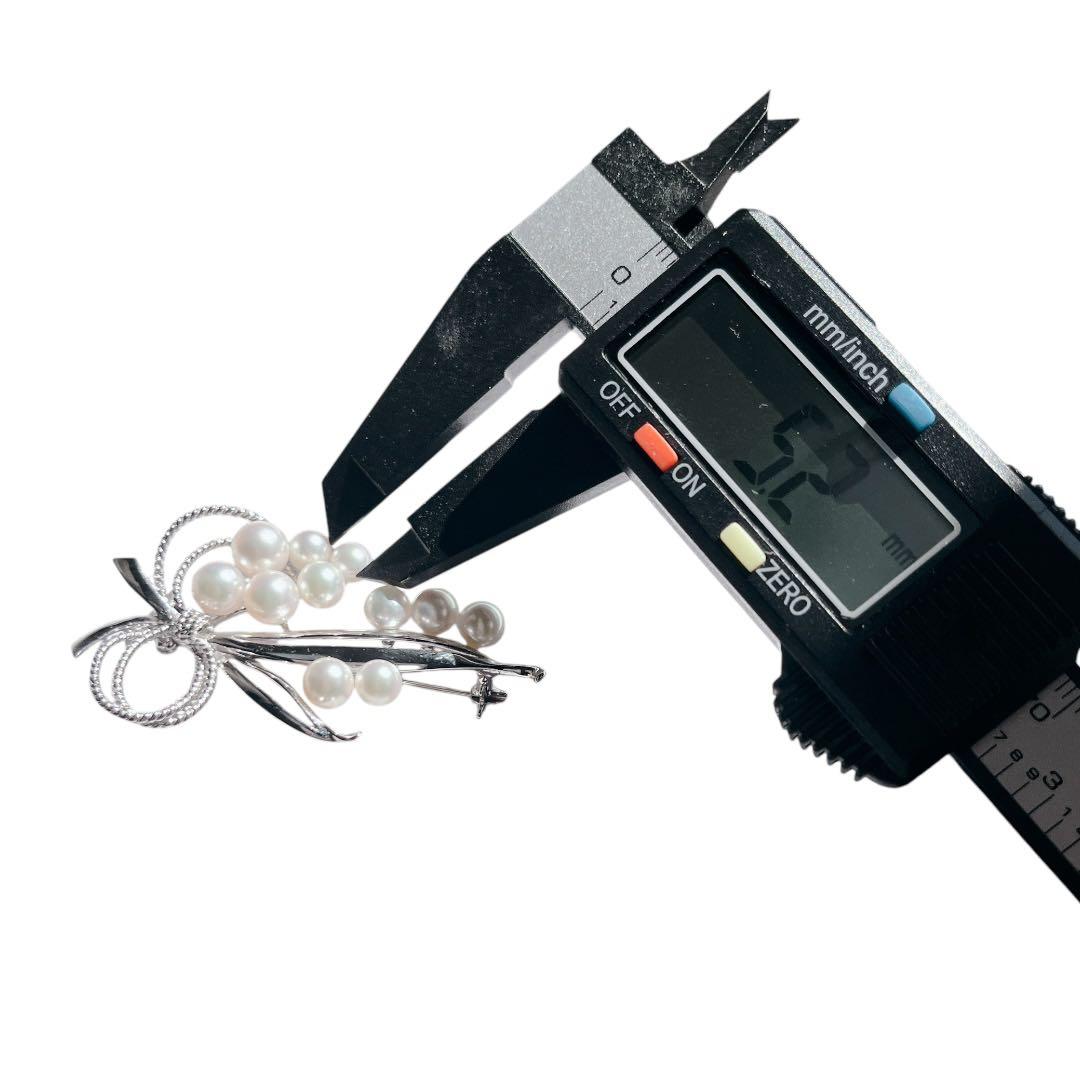 【美品★ケース付】MIKIMOTO パールブローチ リボン シルバー あこや真珠