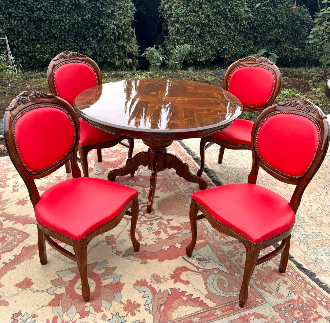 イタリア製 ロココ様式 ダイニング5点セット 象嵌 寄木細工 神戸まで直接引取