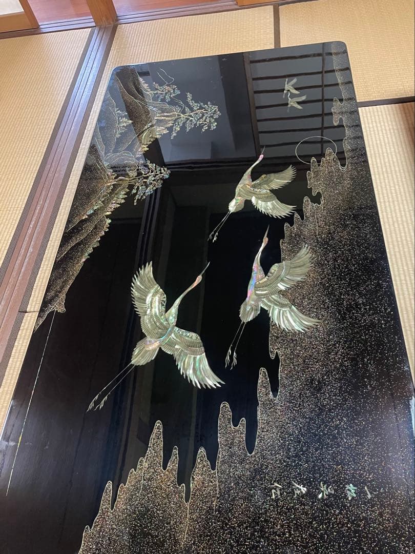 螺鈿細工 鶴 松 木製漆塗り 大型座卓 センターテーブル 黒　ビンテージ