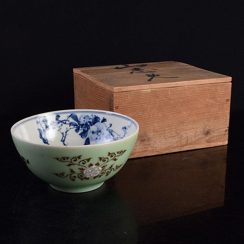 瀬戸焼　陶玉園　加藤五助製　染付　漢詩花文　鉢　合わせ箱　M　R9444