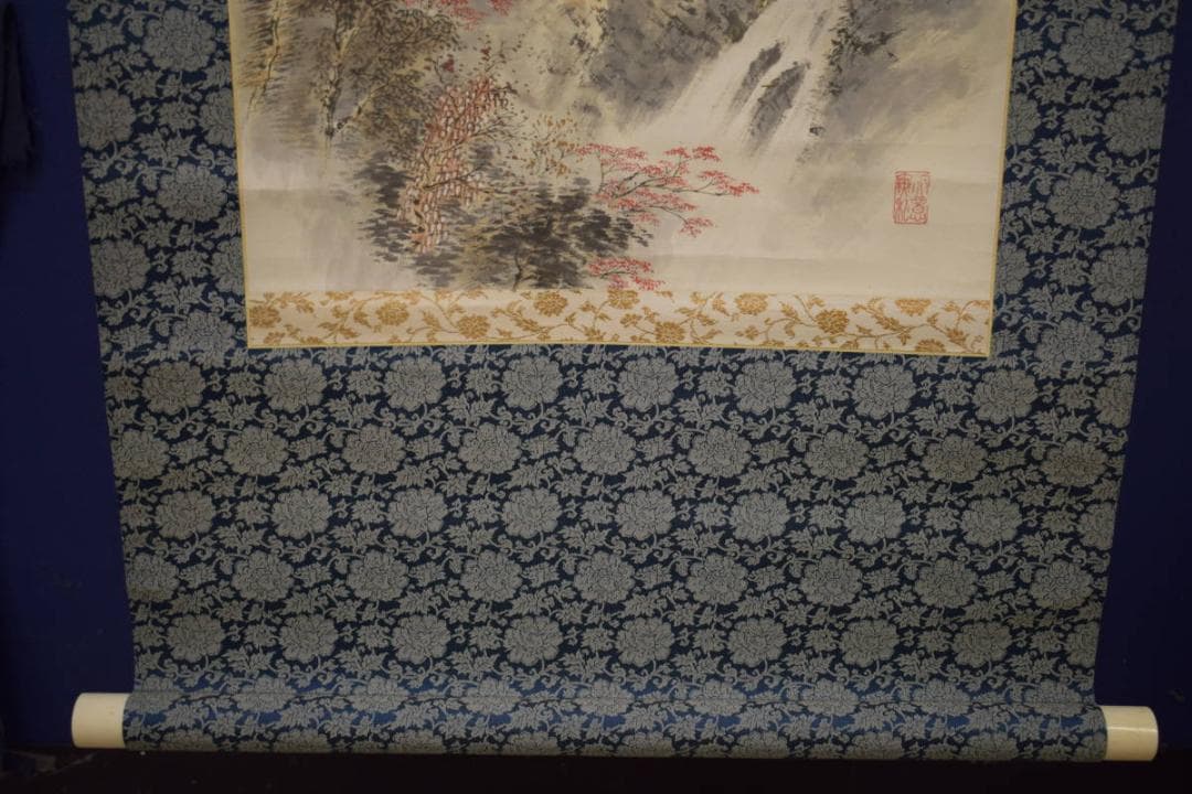 真作/中西素秋/秋山飛泉/山水人物滝図/桐共箱付/布袋屋掛軸HI-872