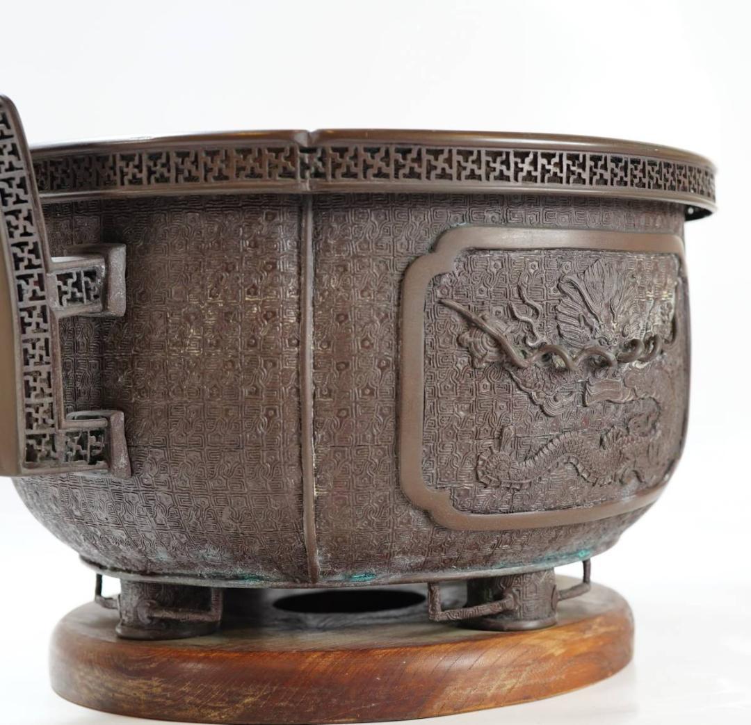 NA3399 大日本文政年整珉鋳 雲龍 鳳凰文 宣徳銅 瓶掛 火鉢 重厚