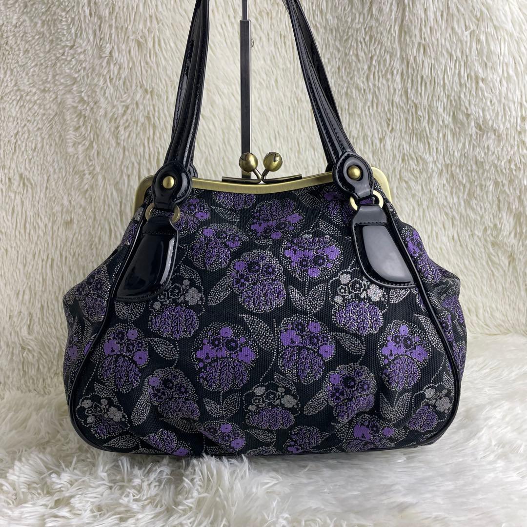 美品 ANNA SUI アナスイ ハンドバッグ がま口 花柄 紫 黒 保存袋付