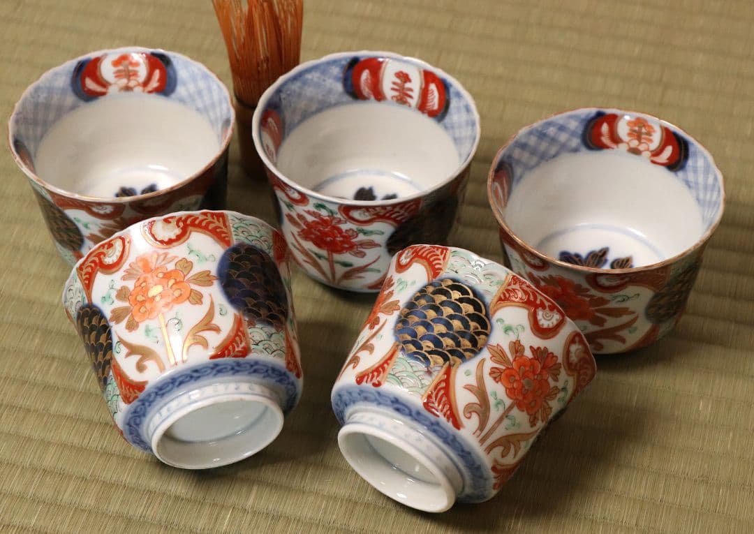 【CM57】古伊万里 色絵 小鉢 向付 五客 蕎麦猪口 草花 青海波 丸文 錦手